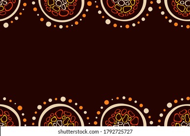 Australian aboriginal seamless horizontal border pattern with circles, crooked stripes, isolated on brown background. Endless stylish texture. Ethnic texture. Space for text. Vector color background.