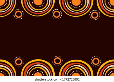 Australian aboriginal seamless horizontal border pattern with circles, crooked stripes, isolated on brown background. Endless stylish texture. Ethnic texture. Space for text. Vector color background.