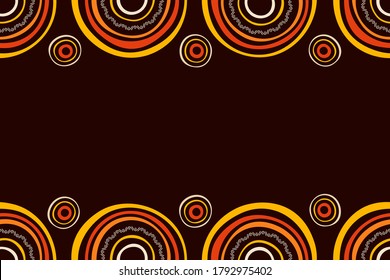 Australian aboriginal seamless horizontal border pattern with circles, crooked stripes, isolated on brown background. Endless stylish texture. Ethnic texture. Space for text. Vector color background.