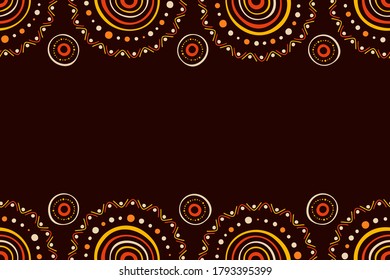 Australian aboriginal seamless horizontal border pattern with circles, crooked stripes, isolated on brown background. Endless stylish texture. Ethnic texture. Space for text. Vector color background.