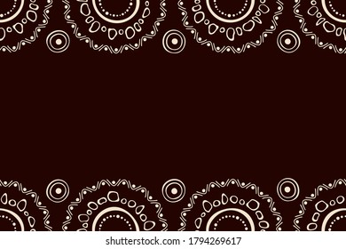 Australian aboriginal seamless horizontal border pattern with circles, crooked stripes, isolated on brown background. Endless stylish texture. Ethnic texture. Space for text. Vector color background.