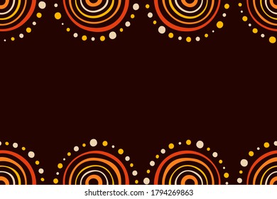 Australian aboriginal seamless horizontal border pattern with circles, crooked stripes, isolated on brown background. Endless stylish texture. Ethnic texture. Space for text. Vector color background.