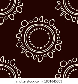 Australian aboriginal seamless pattern with circles, crooked stripes, dots, isolated on brown background. Endless stylish texture. Ethnic texture. Vector color background.