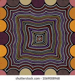 Australian aboriginal seamless vector pattern with colorful dotted circles and crooked squares