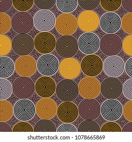 Australian aboriginal seamless vector pattern with colorful dotted circles and crooked squares