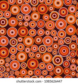 Australian aboriginal seamless vector pattern with colorful dotted circles on dark burgundy background