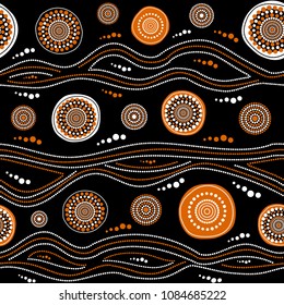 Australian aboriginal seamless vector pattern with white and orange dotted circles, rings and crooked stripes on black background