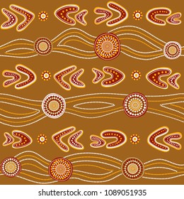 Australian aboriginal seamless vector pattern with colorful dotted circles, rings, boomerangs and wavy stripes on light brown background