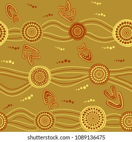 Australian aboriginal seamless vector pattern with colorful dotted circles, rings, boomerangs and wavy stripes on light green background