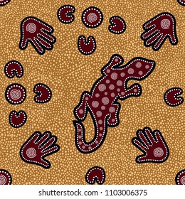 Australian aboriginal seamless vector pattern with colorful dotted circles, lizard, palms, boomerangs and spiral on dotted background or texture