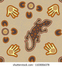 Australian aboriginal seamless vector pattern with colorful dotted circles, lizard, palms, boomerangs and spiral on dotted background or texture