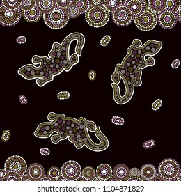 Australian aboriginal seamless vector pattern with colorful dotted circles, ovals, lizards and spirals on dotted background or texture