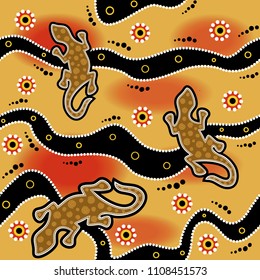 Australian aboriginal seamless vector pattern with colorful dotted circles, lizards, spirals, rings and crooked stripes on yellow background