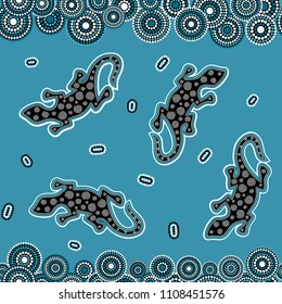 Australian aboriginal seamless vector pattern with colorful dotted circles, ovals, lizards and spirals on dotted background or texture