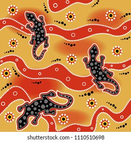 Australian aboriginal seamless vector pattern with colorful dotted circles, lizards, spirals, rings and crooked stripes on yellow background