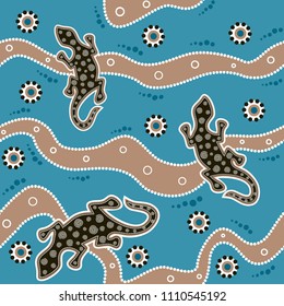 Australian aboriginal seamless vector pattern with colorful dotted circles, lizards, spirals, rings and crooked stripes on blue background