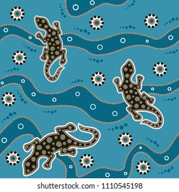 Australian aboriginal seamless vector pattern with colorful dotted circles, lizards, spirals, rings and crooked stripes on blue background