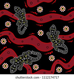 Australian aboriginal seamless vector pattern with colorful dotted circles, lizards, spirals, rings and crooked stripes on black background
