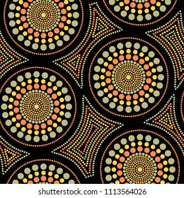 Australian aboriginal seamless vector pattern with colorful dotted circles and crooked squares