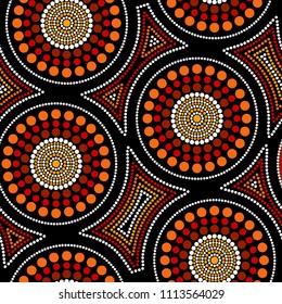 Australian Aboriginal Seamless Vector Pattern With Colorful Dotted Circles And Crooked Squares