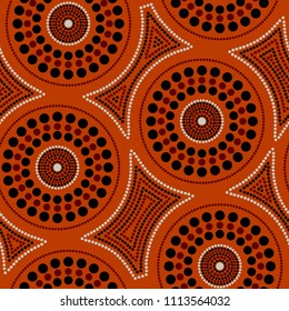 Australian aboriginal seamless vector pattern with colorful dotted circles and crooked squares