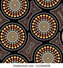 Australian aboriginal seamless vector pattern with colorful dotted circles and crooked squares