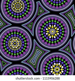 Australian aboriginal seamless vector pattern with colorful dotted circles and crooked squares