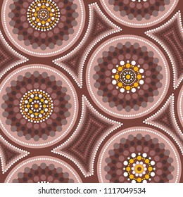 Australian aboriginal seamless vector pattern with colorful dotted circles and crooked squares