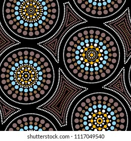 Australian aboriginal seamless vector pattern with colorful dotted circles and crooked squares