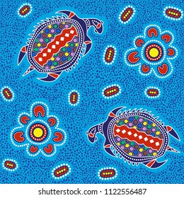 Australian aboriginal seamless vector pattern with colorful dotted circles, turtles and other elements on dotted background or texture