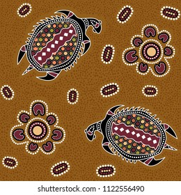 Australian aboriginal seamless vector pattern with colorful dotted circles, turtles and other elements on dotted background or texture