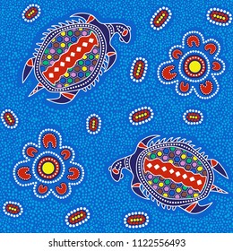 Australian aboriginal seamless vector pattern with colorful dotted circles, turtles and other elements on dotted background or texture