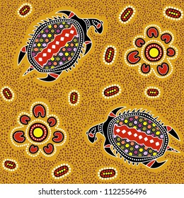 Australian aboriginal seamless vector pattern with colorful dotted circles, turtles and other elements on dotted background or texture