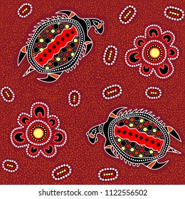 Australian aboriginal seamless vector pattern with colorful dotted circles, turtles and other elements on dotted background or texture