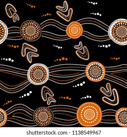 Australian aboriginal seamless vector pattern with white and orange dotted circles, rings, boomerangs and wavy stripes on black background