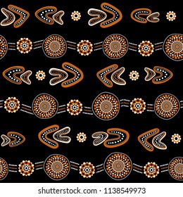 Australian aboriginal seamless vector pattern with white and orange dotted circles, rings, boomerangs and wavy stripes on black background