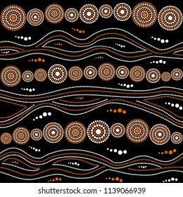 Australian aboriginal seamless vector pattern with white and orange dotted circles, rings and crooked stripes on black background