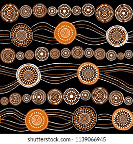 Australian aboriginal seamless vector pattern with white and orange dotted circles, rings and crooked stripes on black background