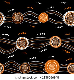 Australian aboriginal seamless vector pattern with white and orange dotted circles, rings and crooked stripes on black background