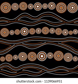 Australian aboriginal seamless vector pattern with white and orange dotted circles, rings and crooked stripes on black background