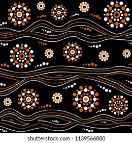 Australian aboriginal seamless vector pattern with white and orange dotted circles, rings and crooked stripes on black background