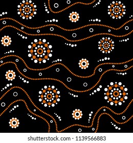 Australian aboriginal seamless vector pattern with white and orange dotted circles, rings and crooked stripes on black background