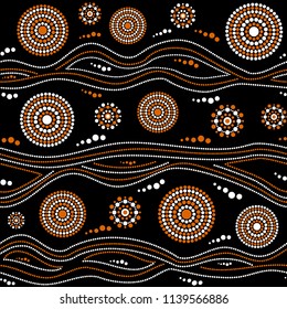 Australian aboriginal seamless vector pattern with white and orange dotted circles, rings and crooked stripes on black background