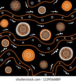 Australian aboriginal seamless vector pattern with white and orange dotted circles, rings and crooked stripes on black background