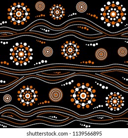 Australian aboriginal seamless vector pattern with white and orange dotted circles, rings and crooked stripes on black background