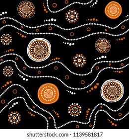 Australian aboriginal seamless vector pattern with white and orange dotted circles, rings and crooked stripes on black background