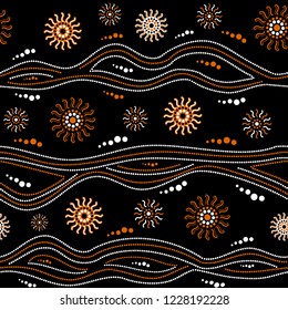Australian aboriginal seamless vector pattern with white and orange dotted circles, rings, suns and crooked stripes on black background