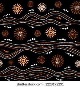 Australian aboriginal seamless vector pattern with white and orange dotted circles, rings, suns and crooked stripes on black background