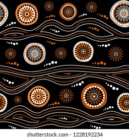 Australian aboriginal seamless vector pattern with white and orange dotted circles, rings, suns and crooked stripes on black background