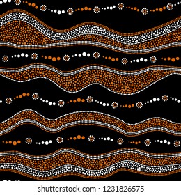 Australian aboriginal seamless vector pattern with white and orange dotted circles, rings, suns and crooked stripes on black background